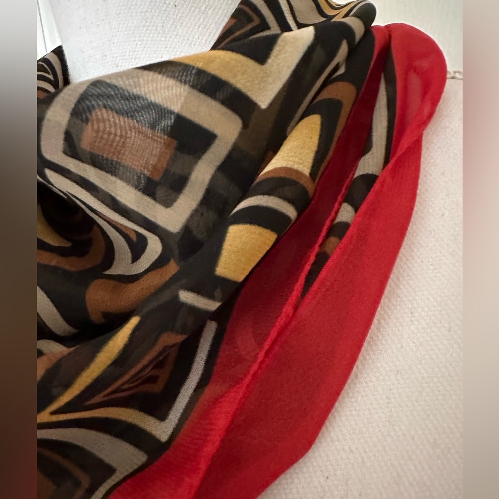 Vtg Italian Square Scarf with Multi-colored Geometric and Red Edging